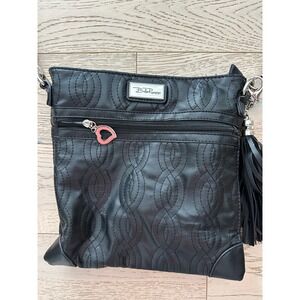 Bella Russo Womens Black Quilted Faux Leather Crossbody Bag Heart Charm Tassel